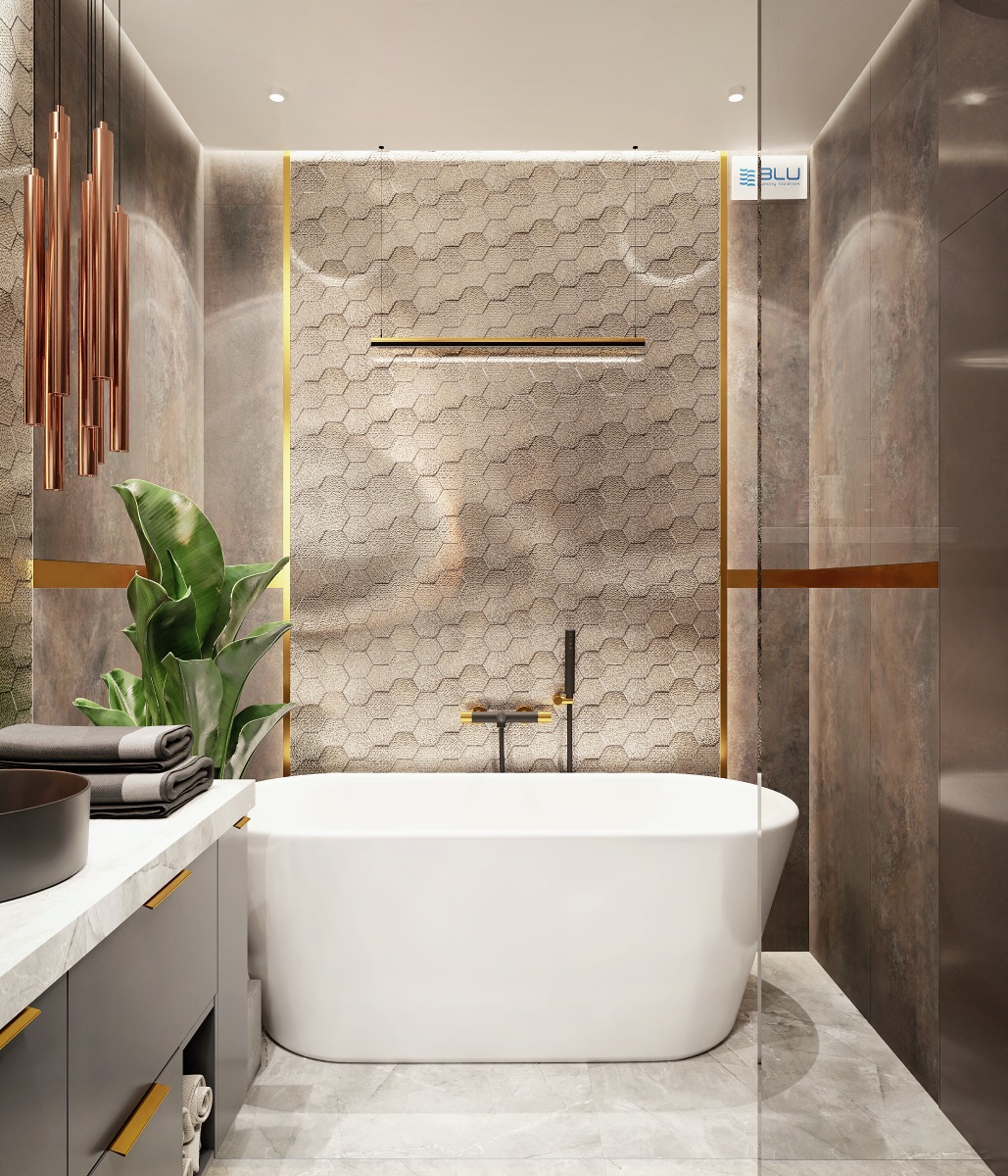 Nowoczesna łazienka z heksagonalną mozaiką.